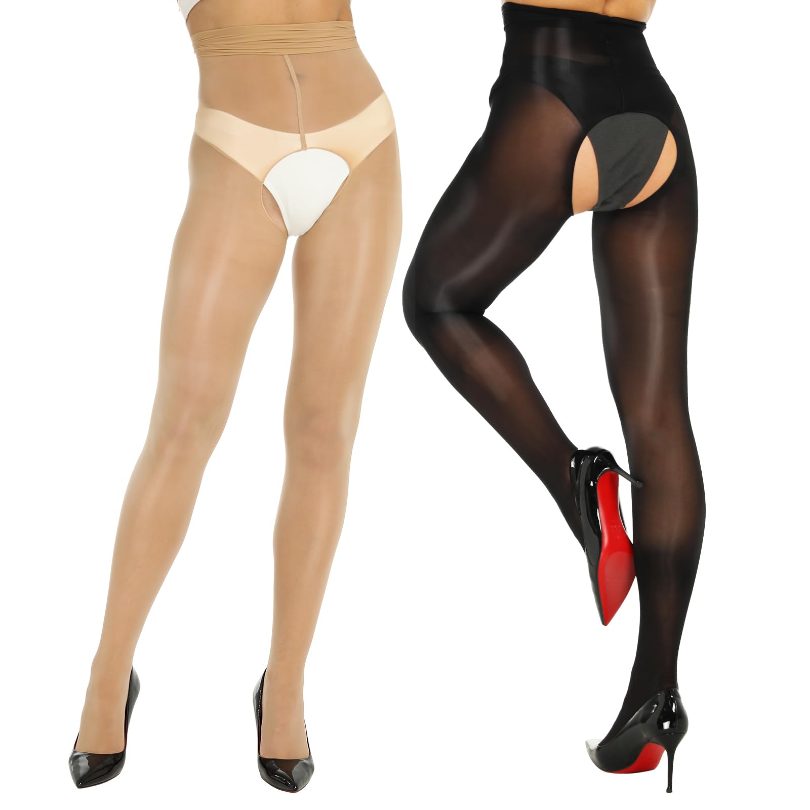 Kave 2 Paar Glänzende Zarte Strumpfhosen Mit Offenem Schritt Für Damen Hohe Taille Schimmernde Strumpfhosen Öl Schimmernde Strumpfhosen L-XL(70-120KG) beige