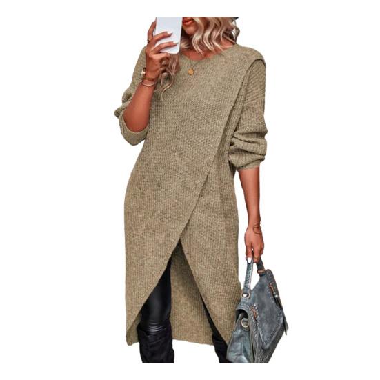 Frauen Herbst Winter Kleid Unregelmäßige Split Saum Gestrickte Lose Weiche Dicke Warme Langarm Einfarbig Mittellange Pullover Kleid XL khaki