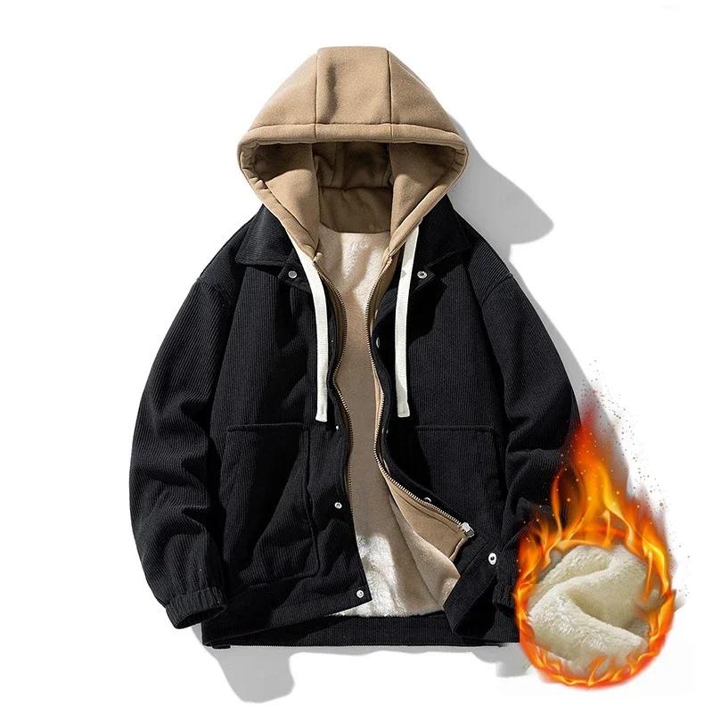Neue Baumwolle gefütterte Jacke Herren Winter Baseball Hoodie Baumwolle Jacke Mode Werkzeug Straße Hip Hop Jacke Gefälschte Zwei Sets M schwarz