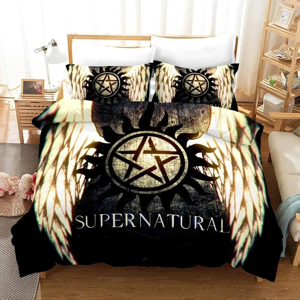 Supernatural Bettwäsche-Set für Jungen und Mädchen, Twin Queen Size, Bettbezug, Kissenbezug, Bett Jungen, Erwachsene, Mode, Heimtextilien AU King(245x210cm)