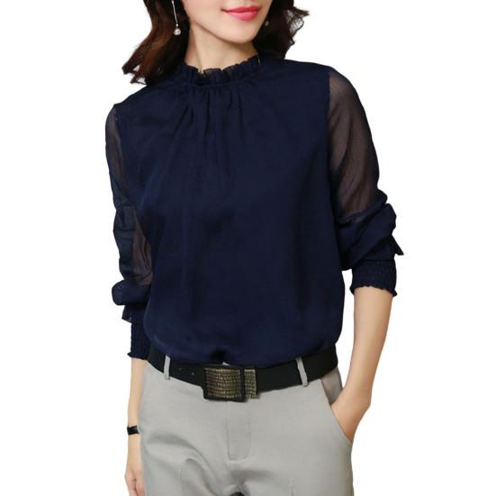 Rüschen Große Größe Ärmel Kragen Elastische Manschetten Mesh Frauen Hemd Elegante Einfarbig Chiffon Hemd 2XL navy blau