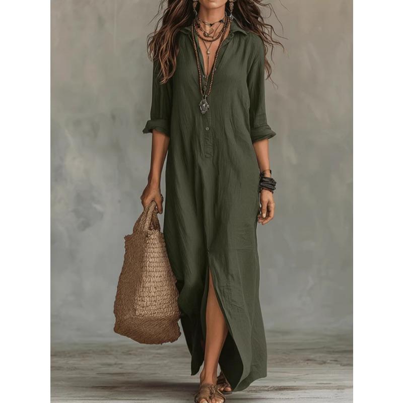Lässiges lockeres elegantes Damenkleid Boho einfarbig schlicht seitlicher Schlitz Langarm Partykleid Passform Hemdblusenkleid Büro Damenkleider M grün