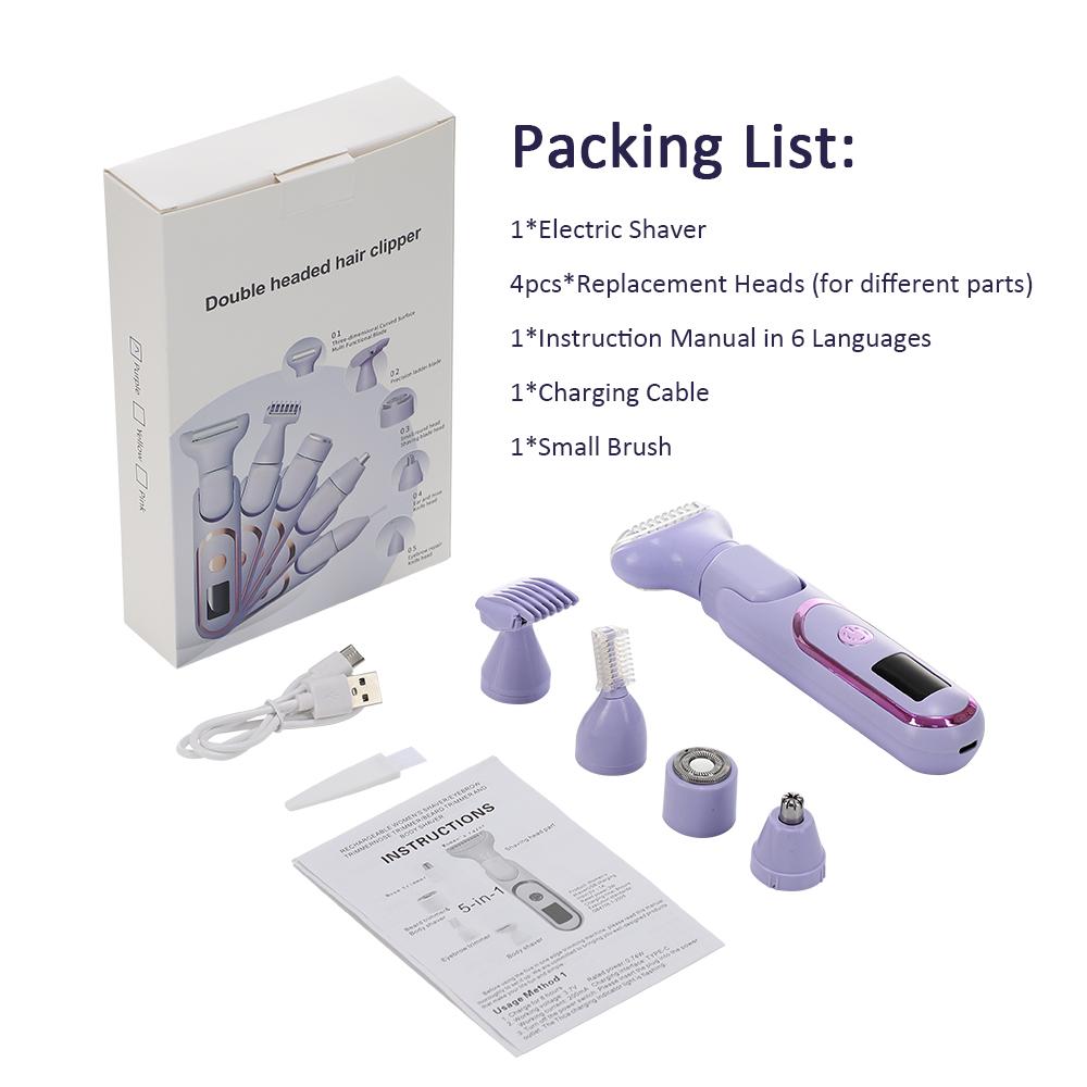 5 In 1 Schmerzloser Damenrasierer für Intimbereich Bikini Körperhaarentfernung Rasierer Wasserdichter Elektrorasierer Damen Epilierer weiß