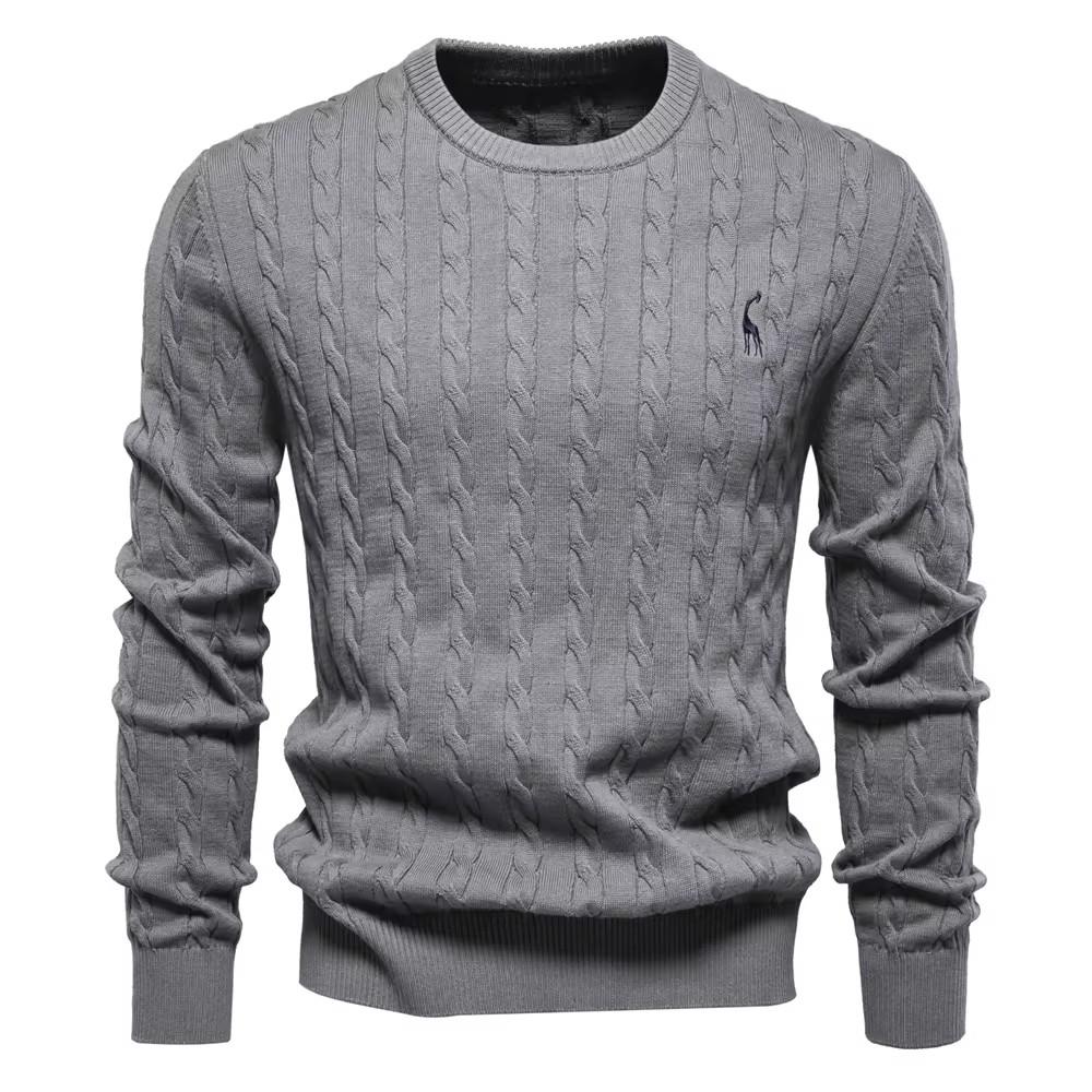 AIOPESON Herren-Pullover mit Giraffenstickerei, Baumwollpullover, Rundhalsausschnitt, klassischer Twist-Muster-Pullover, Strickpullover für Männer XXL 95-105 kg dunkelgrau