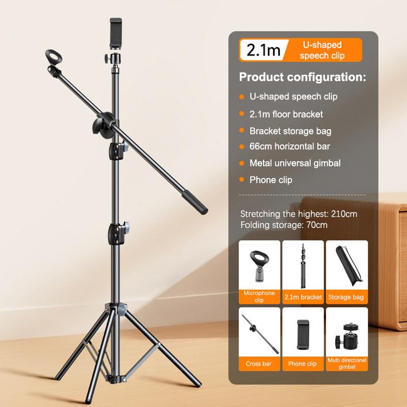 Mikrofon Galgen Stativ 1.7 2.1M Mikrofon Stativ Halterung 66Cm Querstangenarme Mit Klemme Und Handyhalter Für Iphone Samsung Xiaomi