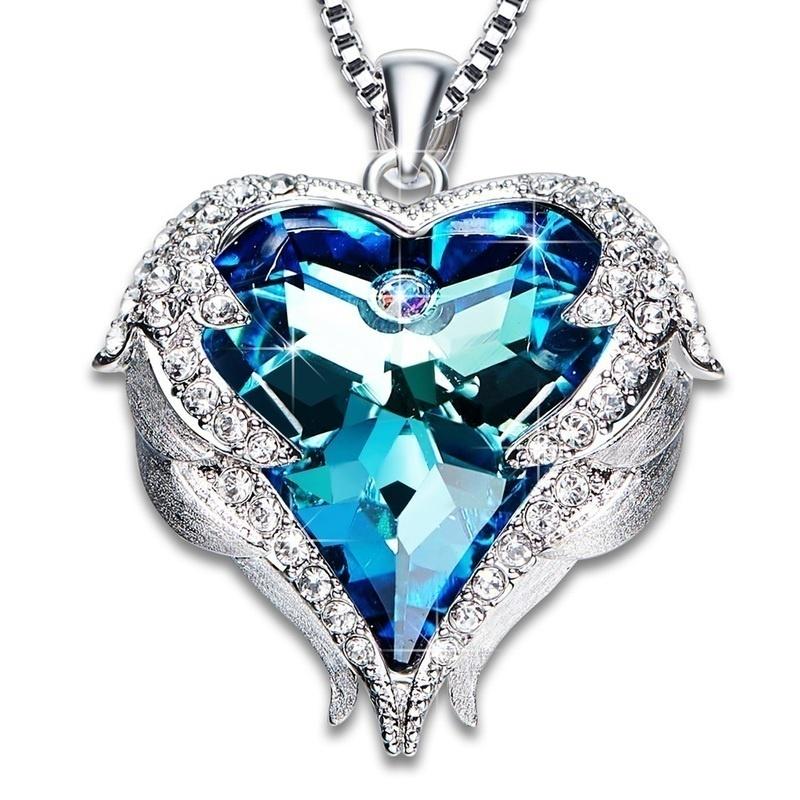 Engelsflügel Anhänger Halsketten Blaue Kristall Herz Halskette für Frauen Weihnachtsschmuck KTJ blau