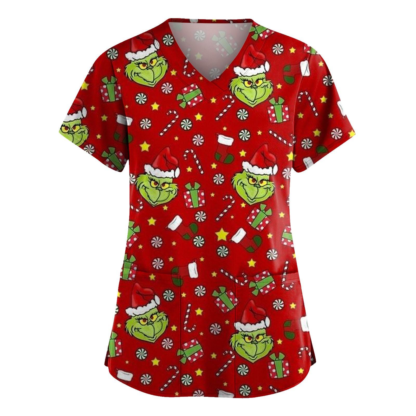 Kurzärmliges Oberteil mit Kreuz-Defolierung-Print und V-Ausschnitt, Print und Tasche für Damen XL rot