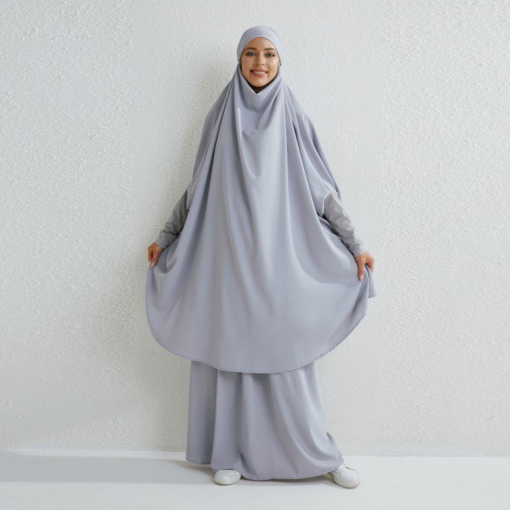 Muslimische Sets Zweiteilige Gebetskleidung Lange Kapuzen-Rauchhülsenhemden Hijab Lose Maxiröcke Elastische Taille Damen-Abaya-Sets One Size graue