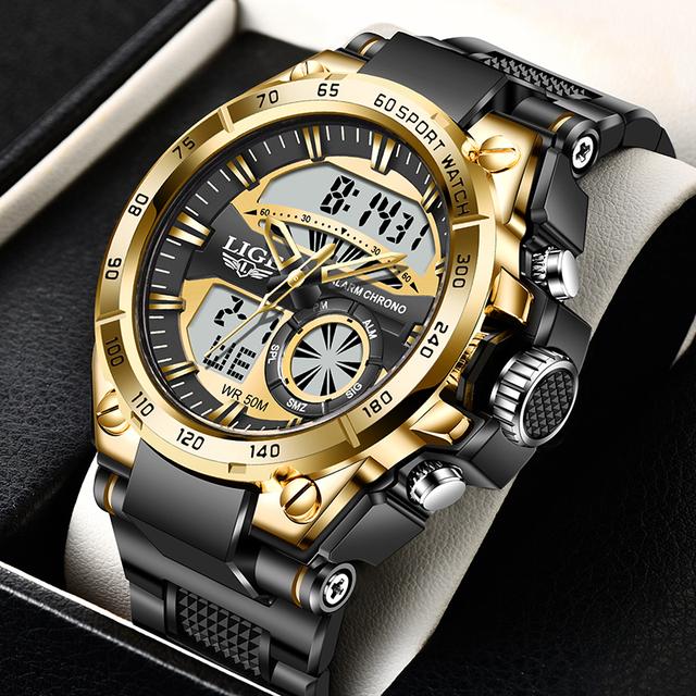 LIGE Herrenuhren Top-Marke Große Sportuhr Luxus Herren Militär Silikon Quarz Armbanduhren Mode Chronograph Männliche Uhr gold