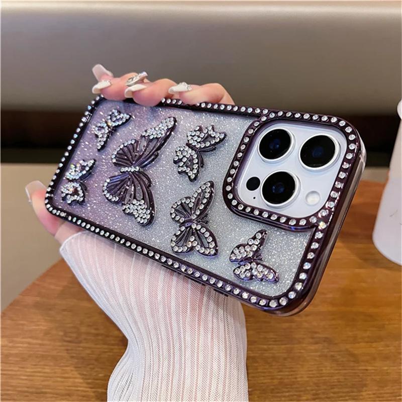 Für iPhone 17 16 Pro Max Luxus Flash Glitzer Schmetterling Beschichtung Rahmen Handyhülle Für iPhone 11 12 13 14 15 Plus 16 Pro Strass Abdeckung iPhone 13 Pro violett