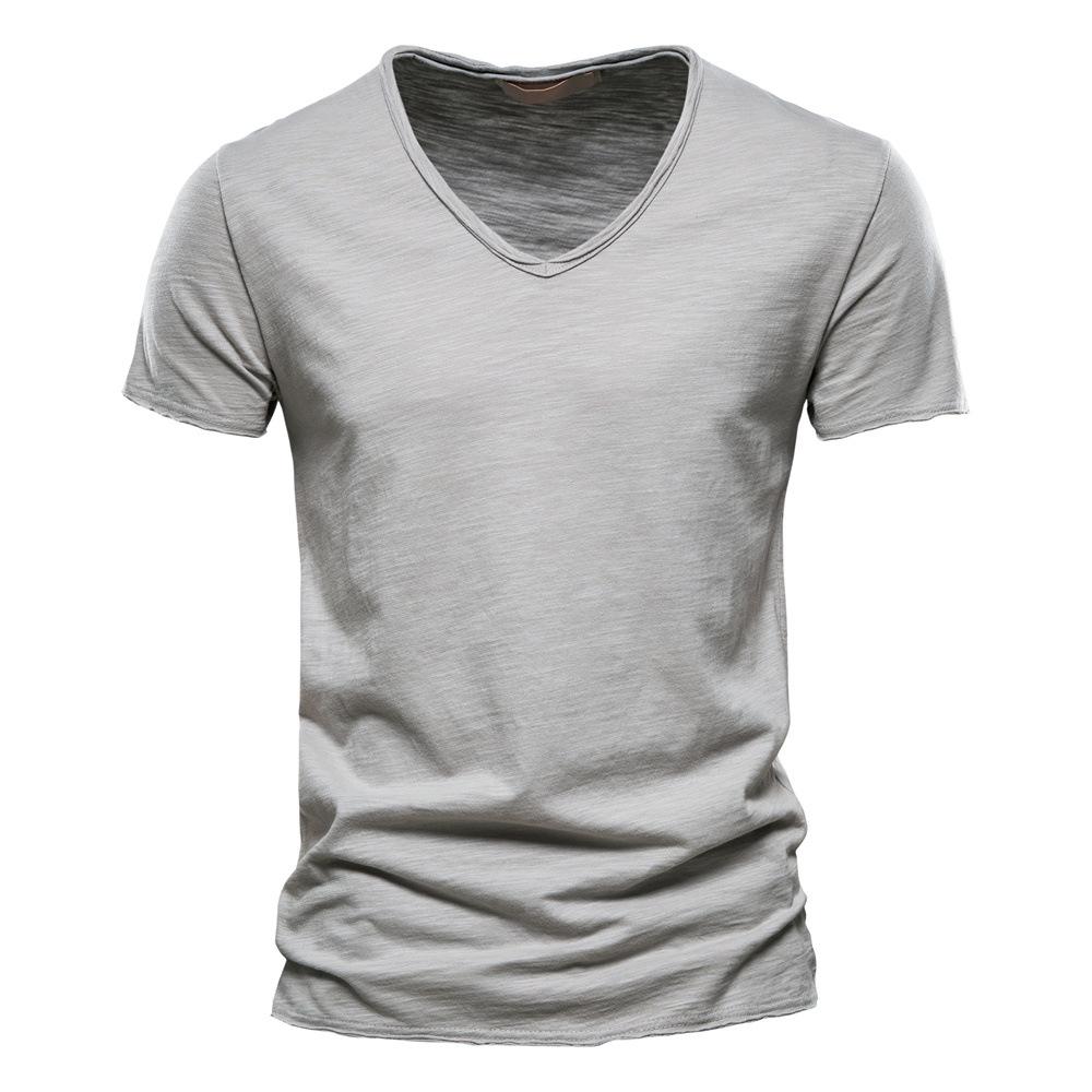 Herren Sommer Einfarbig V-Ausschnitt Kurzarm T-Shirt Baumwolle Oberteil Europäischer und Amerikanischer Stil Herrenmode XL hellgrau