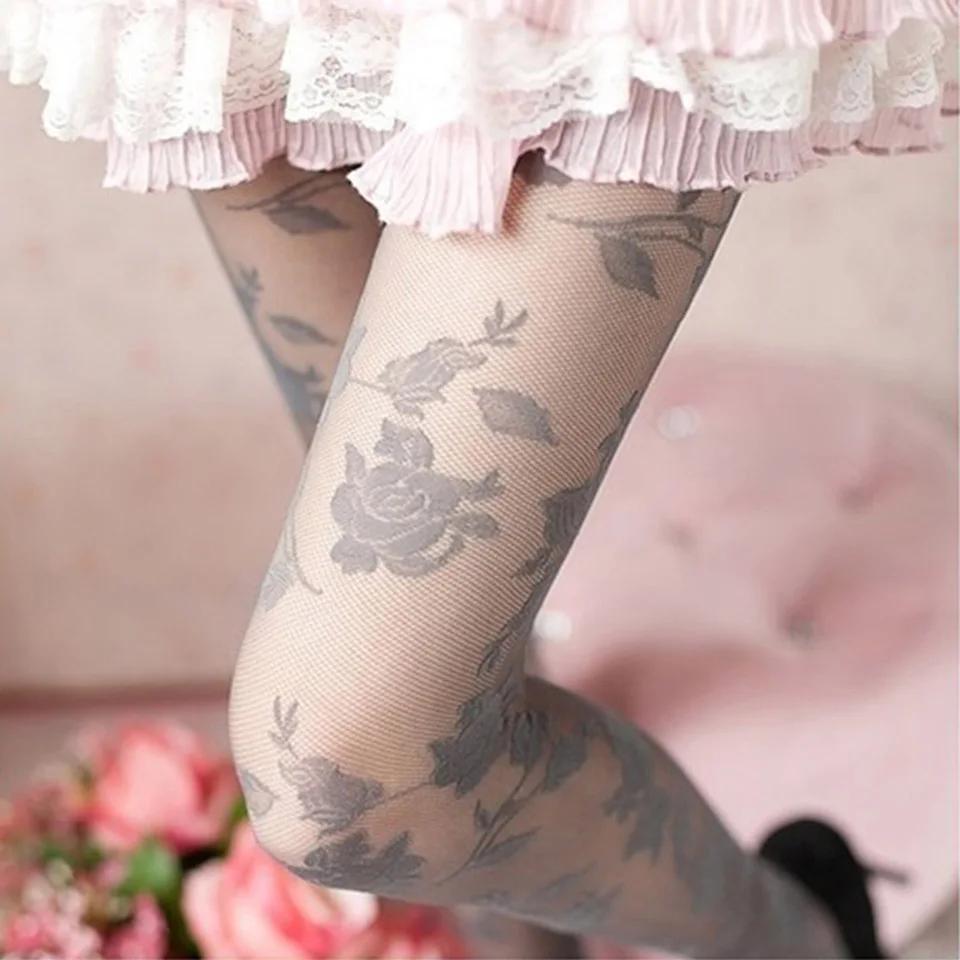 Sexy Rose Strumpfhosen Frauen Collant Femme Dünne Transparente Strumpfhosen Aushöhlen Tattoo Strumpfhosen Collant Femme Medias Fantaisie Strumpfwaren One Size