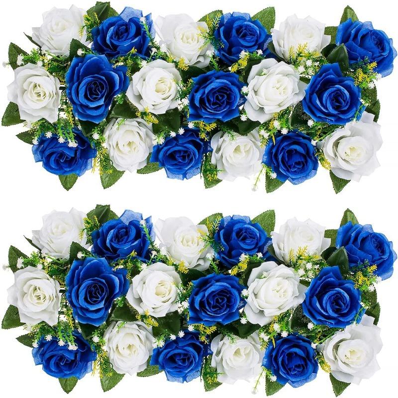 2 Stück Hochzeitsdekorationen Künstliche Blumen Kunstblumen Seidenblumengesteck Tischdekoration Rose Blume für Zimmer Empfangstischdeko königsblau