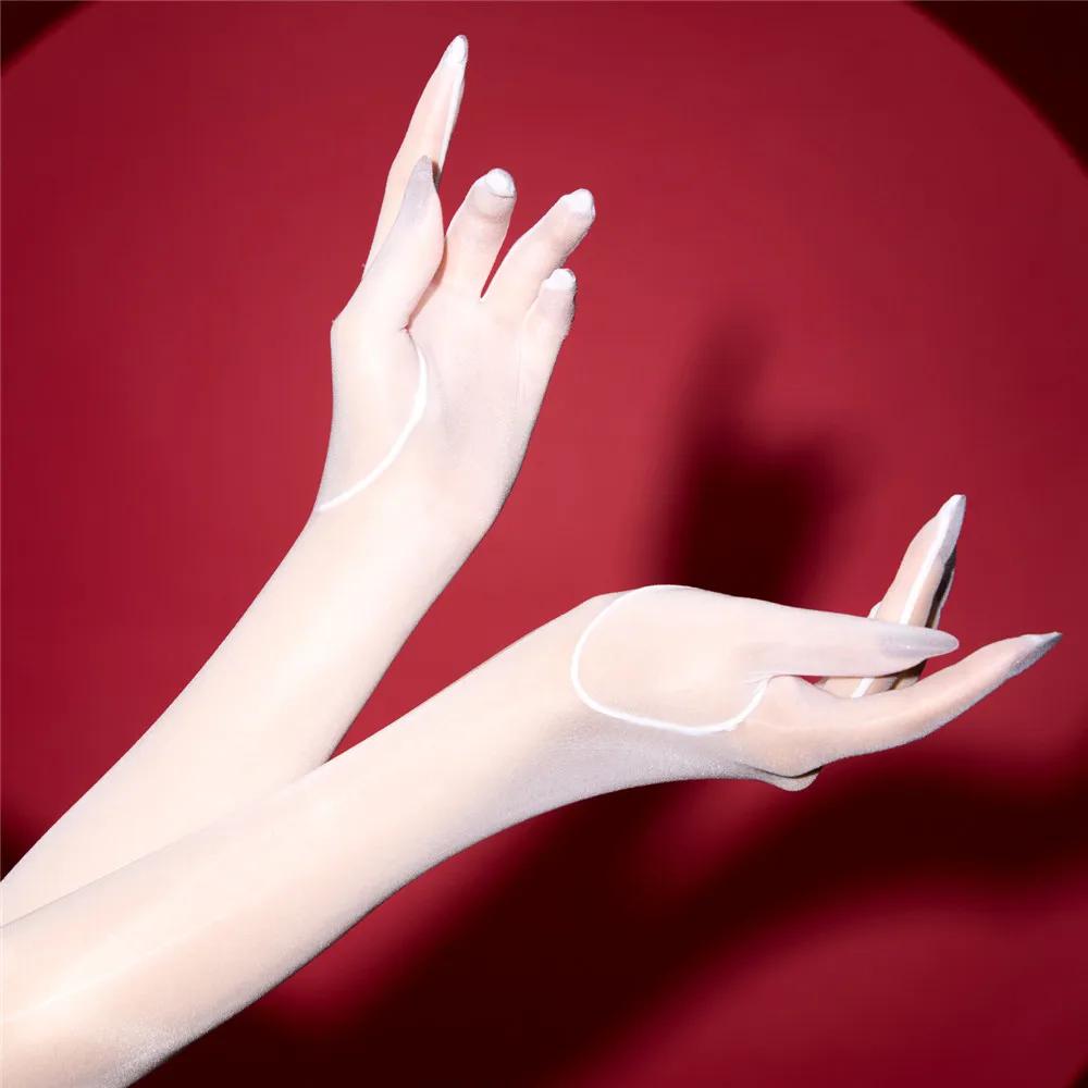 1D Dünne Öl Glänzende Elastische Handschuhe Fünf Finger Fahrparty Handschuhe Damen Lange Durchsichtige Handschuhe Tanz Elegante Kleidung M red