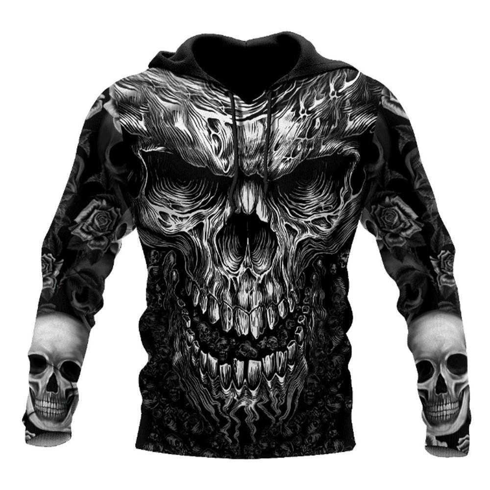 Frühling Herbst Herrenmode Casual Hoodie 3D Totenkopf Druck Männer Horror Pullover Sweatshirts Streetwear Trainingsanzug Übergroße Tops M gray