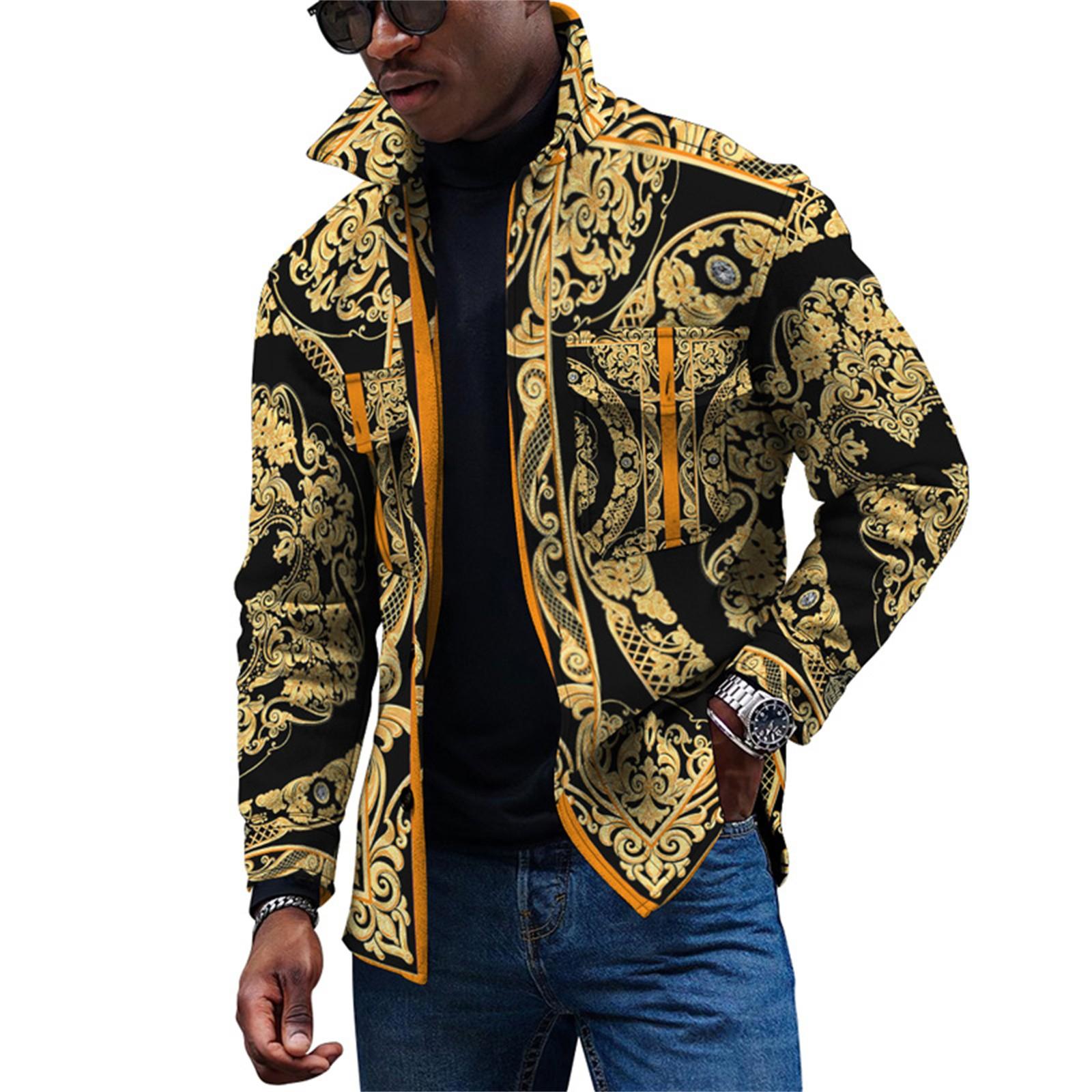 Herren Jacke mit Print Langarm Hemd mit Knöpfen Leichte Oberbekleidung Lässige Streetwear Hemd Jacke M orange