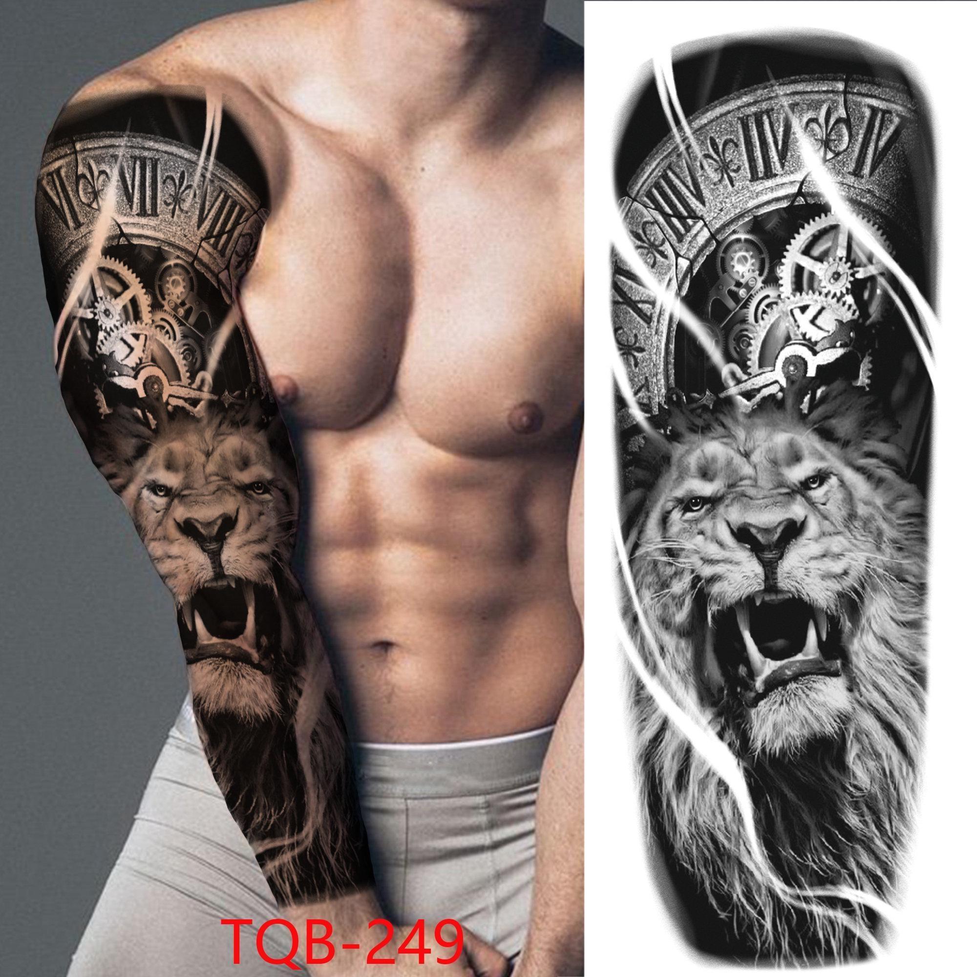 1 STÜCK 480*170 MM Temporäre Tattoo-Ärmel Für Männer Frauen Super Großer Kompass Wolfskopf Auge Gefälschte Löwengott Feder Tattoo Vollen Arm Tattoo Aufkleber TQB-249