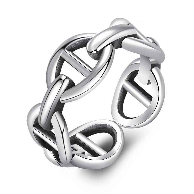 Retro Glatter Kettenring: Thailändischer Silberschmuck Damen-Modering mit Doppelschnalle Adjustable Opening