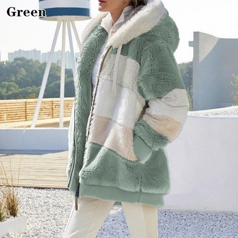Neue Winter Damen Jacke Mit Kapuze Warme Plüsch Lose Jacke für Frauen Patchwork Winter Oberbekleidung Faux Pelz Zipper Damen Parka mantel XXL grün