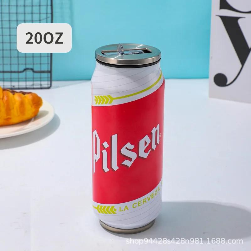 1 Stück 500ML Thermoskanne mit Strohhalm 304 Edelstahl Bierflasche Cola Dose Thermoskanne für Kaffee Bier Kältebehälter Hausküche Trinkgeschirr 450-500ML