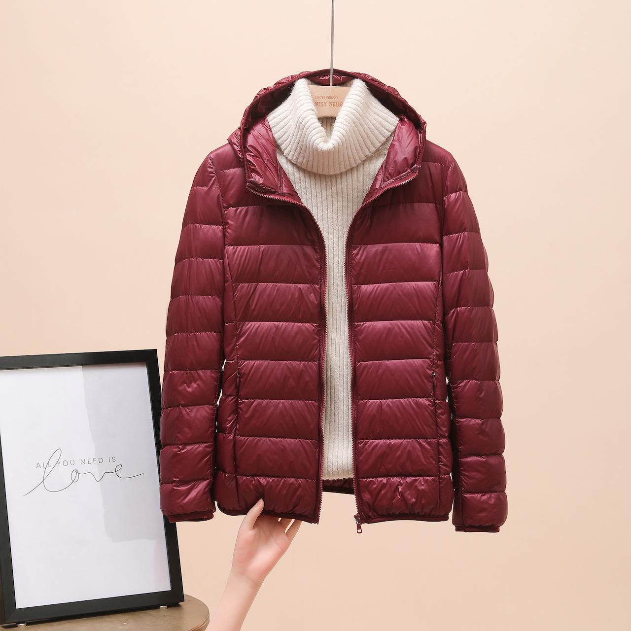Damenbekleidung Ultraleichte Daunenjacke Damen Winter Warmer Mantel Leichte Warme Jacken Damen Kapuzenparka XXXXXXL wein rot