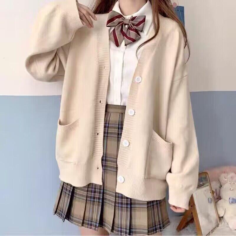 Original JK Uniform Set Top College Style Knitted Sweater Cardigan Wool Jacket Soft and Slim Fit Sweater L kaffeebraun