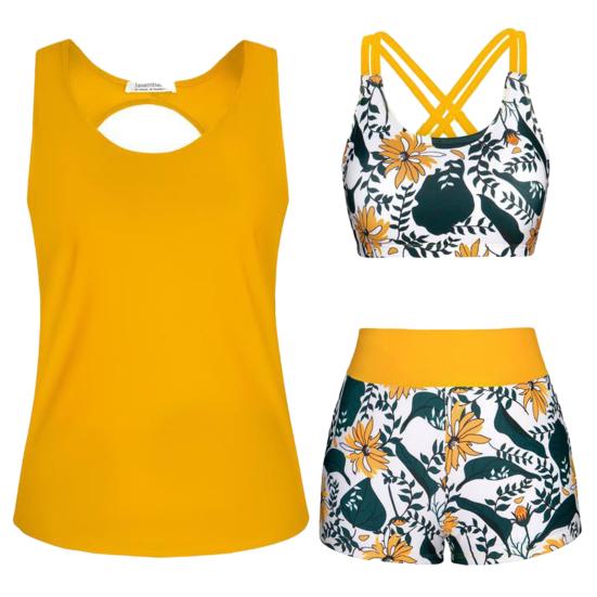 3-teiliges/Set Damen Bikini Set U-Ausschnitt Gepolstert Ohne Bügel BH Schwimm-Tops Badehose Set Strand Bademode L gelb