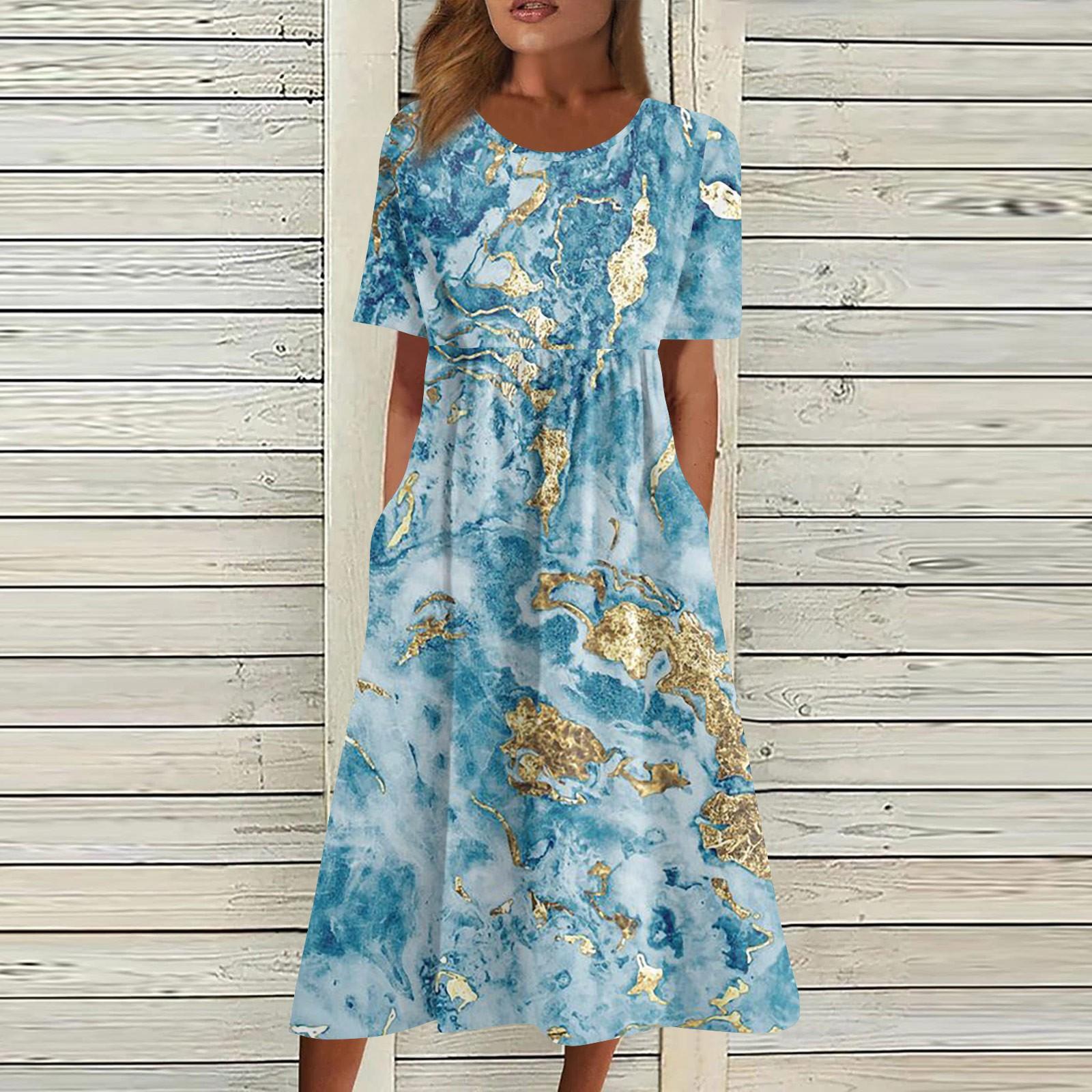 Damen-Freizeitkleider, bedruckte Kleider, Sommerkleider, bedruckt, plissiert, Rundhals-Midi-Kleider, Basic, klassisch, Outdoor, täglich, kurzärmelig, lockere Kleider XL