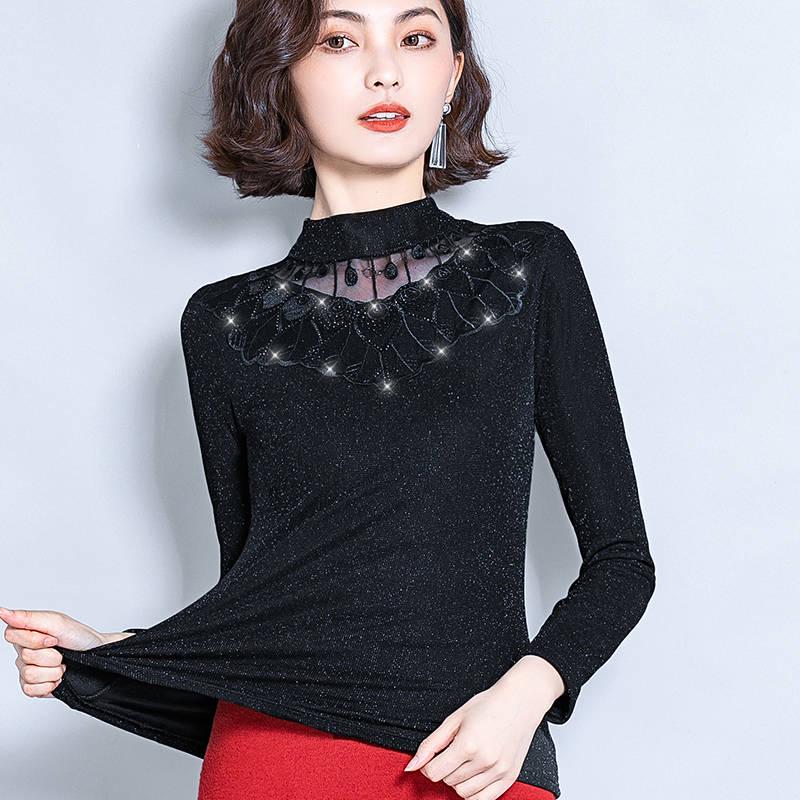 Frauen Herbst Winter Plus Samt Spitze Dicken Pullover Enge Sexy Bodenbildung Pullover Langarm XXXXXL schwarz