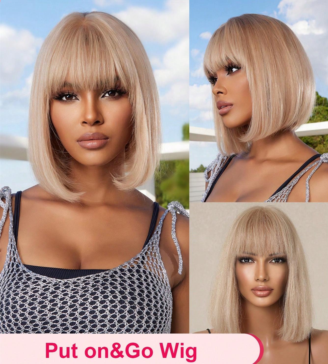 HAIRCUBE 100 % Echthaar, kurze, glatte Bob-Echthaar-Perücken mit Pony, betont die blonde Farbe, preiswertes, erschwingliches Haar