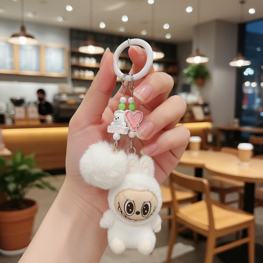 Neuer Labubu Plüsch Mini Schlüsselanhänger Anime Cartoon Schlüsselanhänger Anhänger Kawaii Handy Rucksack Dekoration Autoschlüssel Zubehör Geschenke weiß