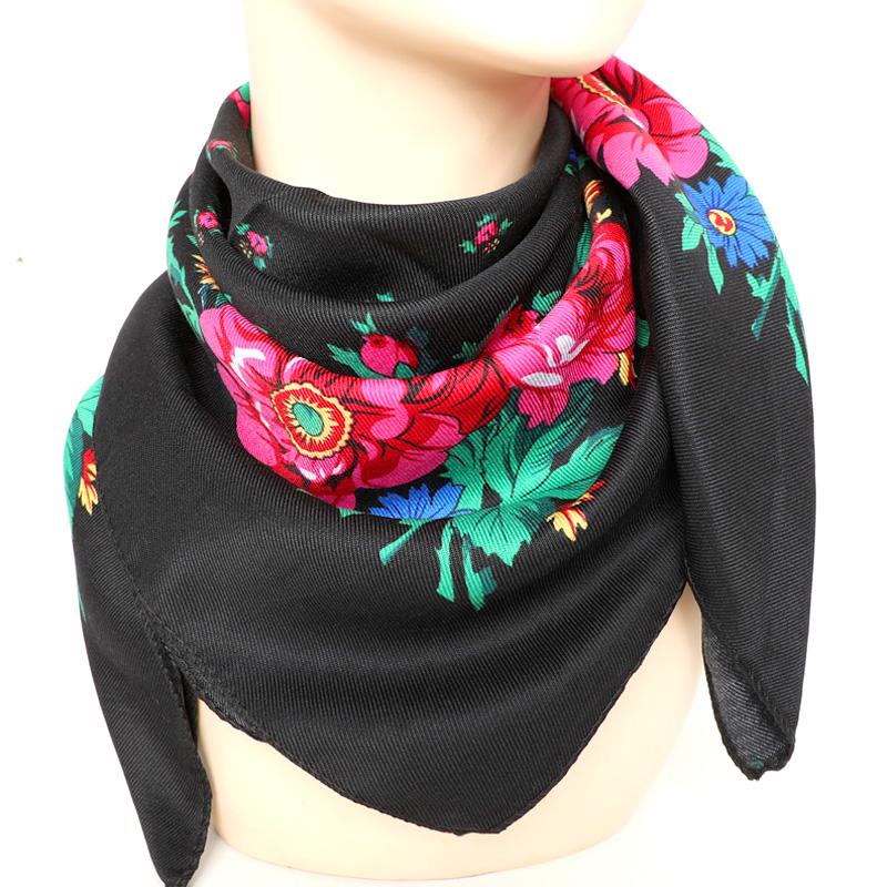 Damen Kopftuch Hijab Kopftücher Blumendruck Taschentuch Schal Quadratischer Schal Retro Ethnisch KTB schwarz