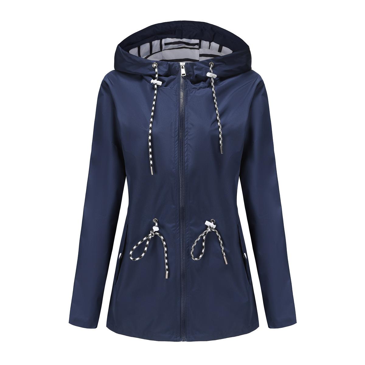 YJKDYK 2024 Frühling Herbst Damen Outdoorjacke Damen Wasserabweisend Mittellang Windjacke Damen Kapuze Streifen Mäntel XXXL navy blau