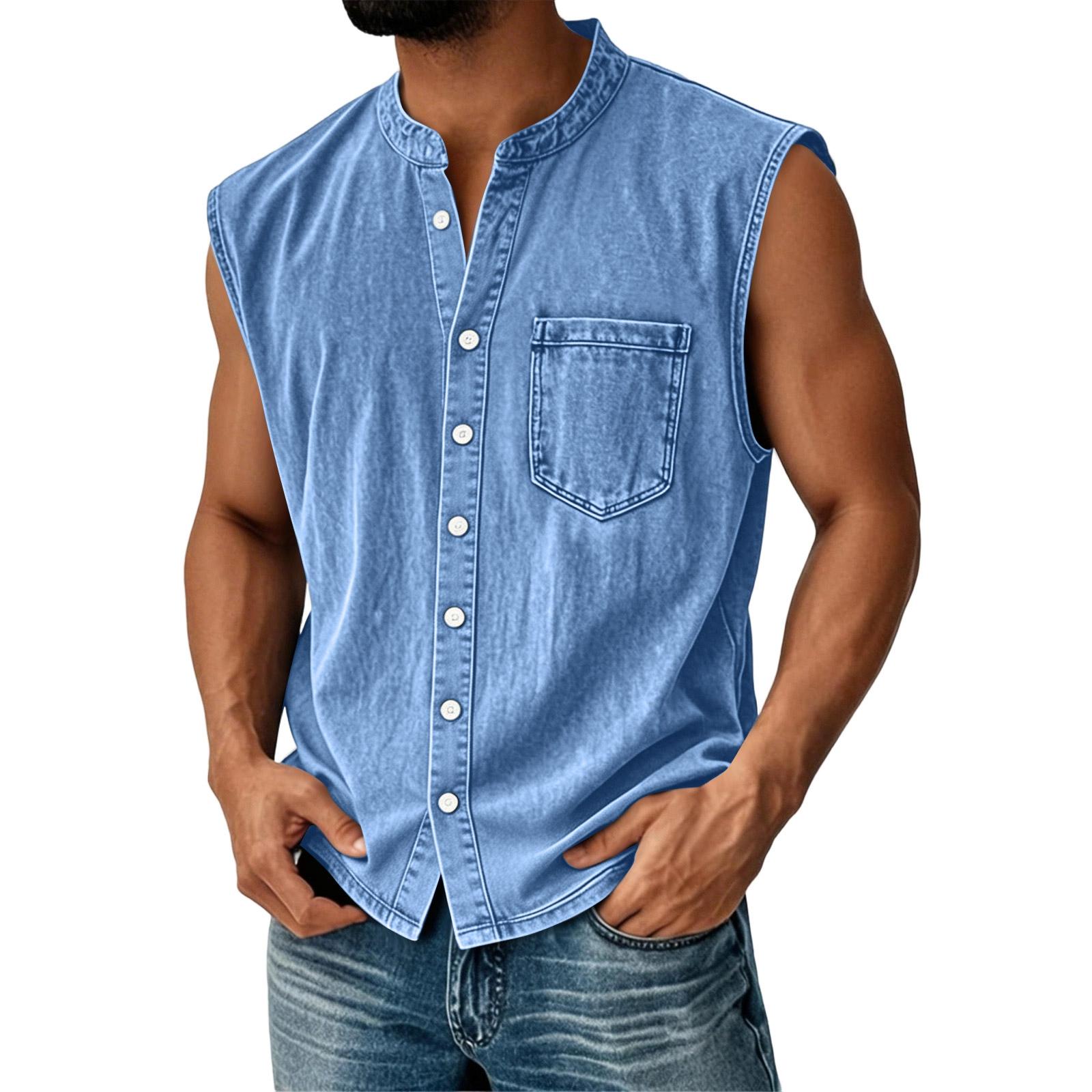 Ärmellose Hemden für Herren Button-Down Lässige Tanktops Herren mit Tasche Lockere Passform Sommer Leichtes Oberteil Tanktops Herren XXXL blau