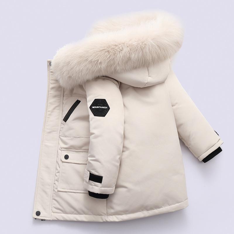 Winter Jungen Weiße Daunenjacke Mantel Baby Pelzkragen Mit Kapuze Baumwolle Verdicken Warme Einfarbige Jacke Für Kinder Oberbekleidung Kinderkleidung 120cm weiß