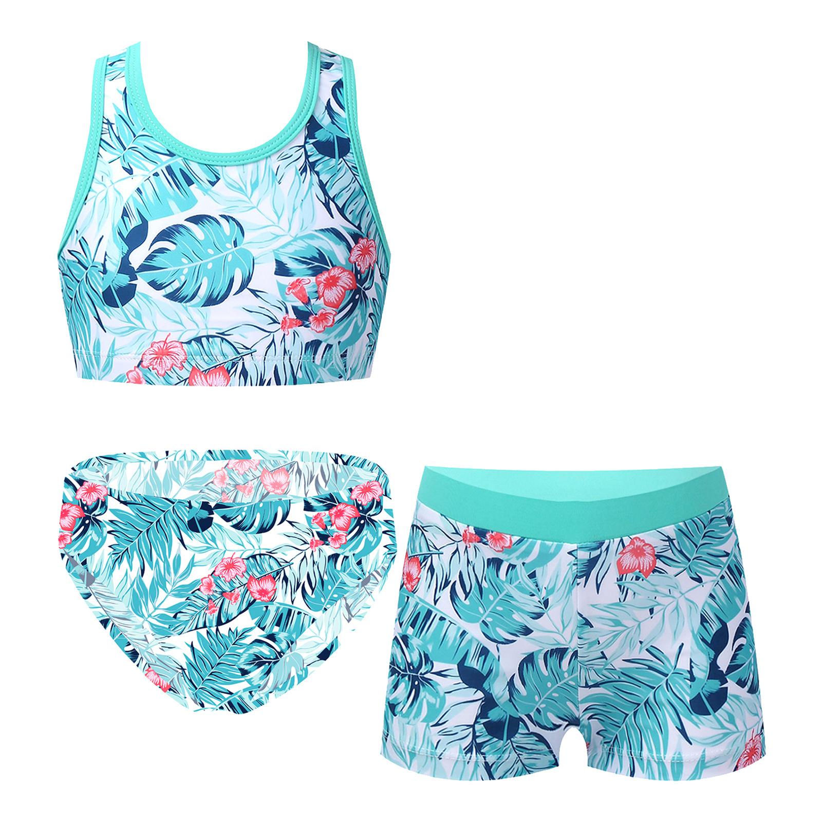 Kinder Mädchen 3-teiliger Badeanzug mit Blumenmuster, Criss Cross Sport-BH, Boyshorts, Tankini-Badeanzug 15-16 Years rot/grün