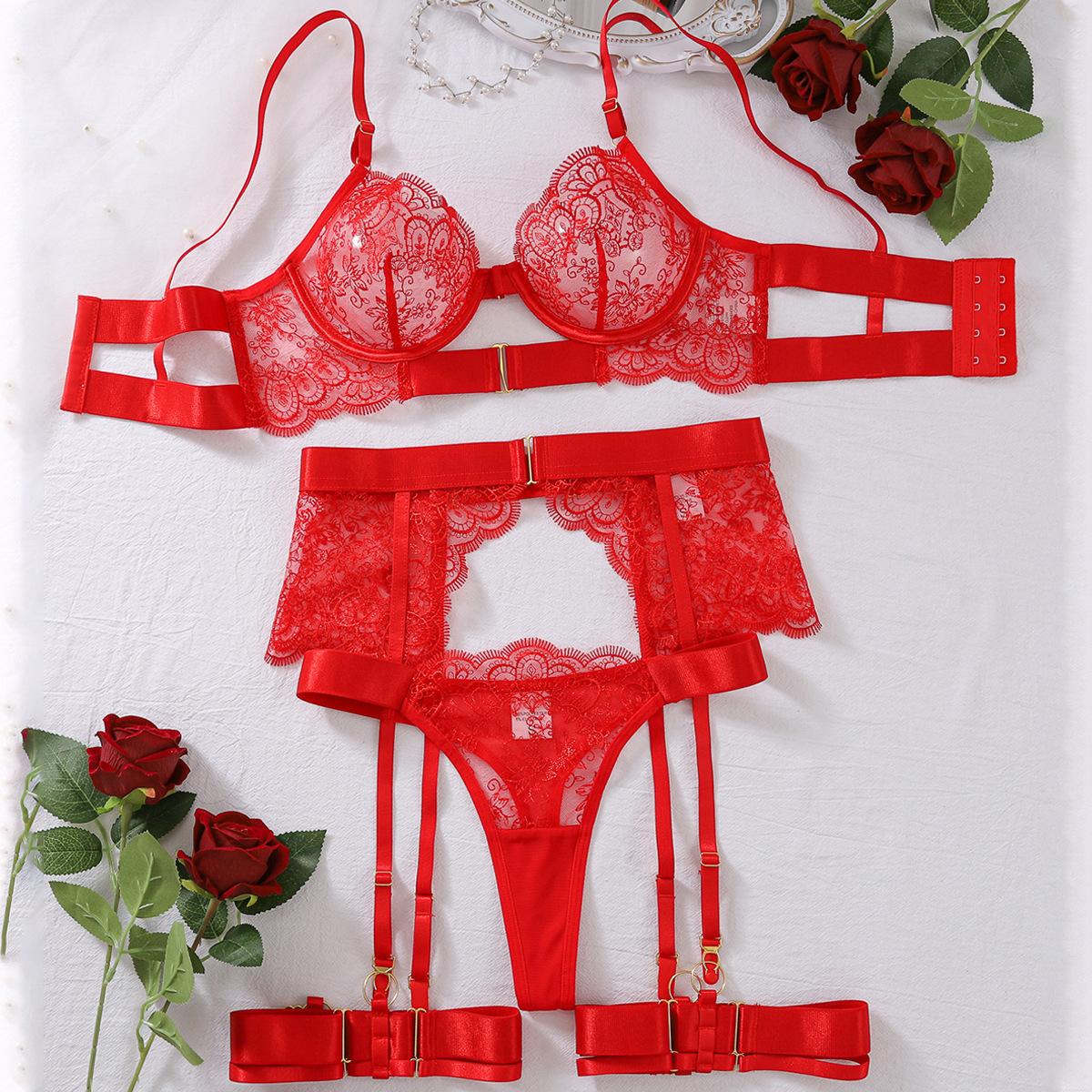Damen Sexy Shapewear Set Besticktes Wimpernspitzen-Spitzen-Set Transparentes Formendes BH-Set XL