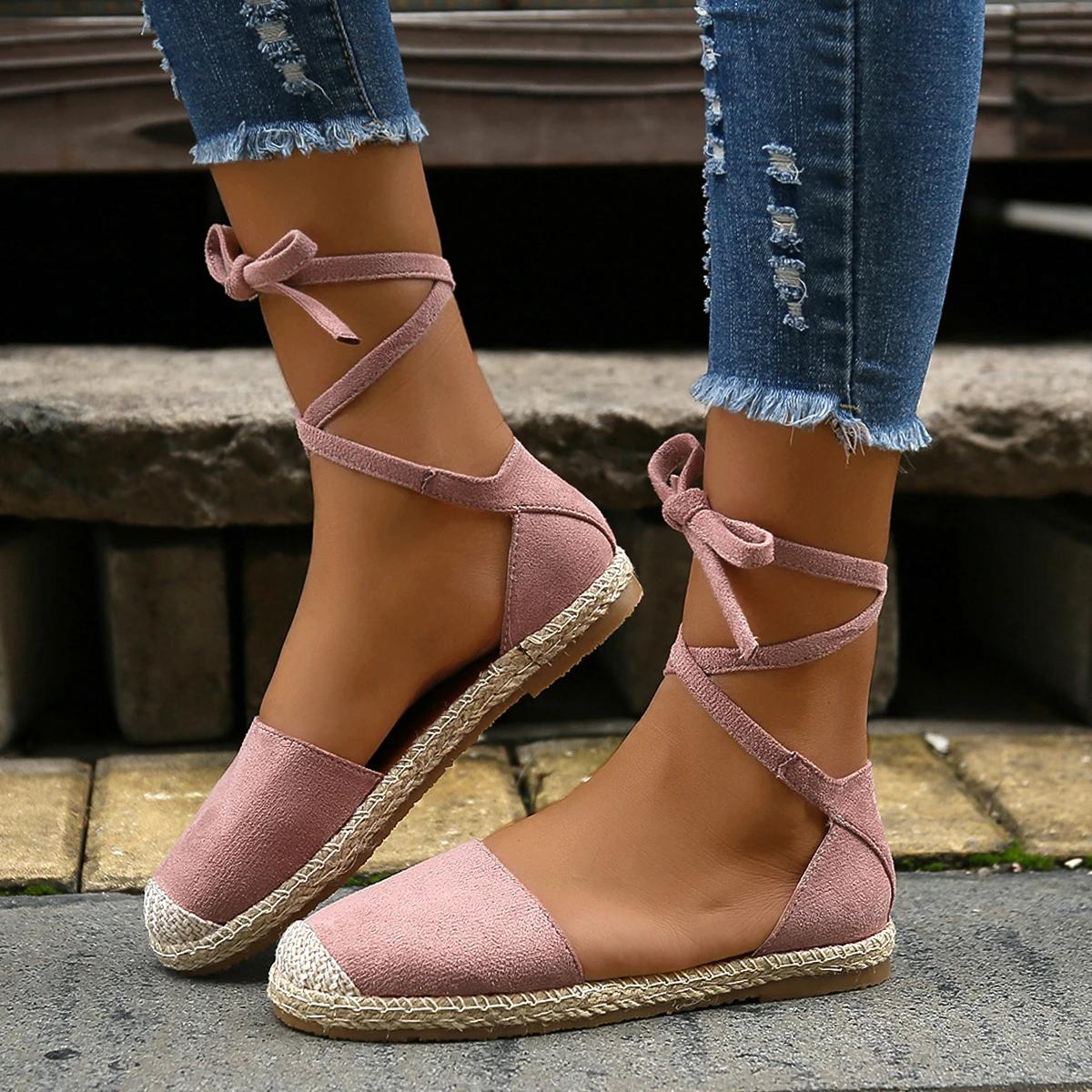 Mode 2024 Neue Damen-Flat-Schuhe, modische Schnürsandalen mit geschlossener Spitze, flache Sandalen für Damen, Freizeitschuhe, römische Übergrößen, Damen-Wanderschuhe 35 rosa