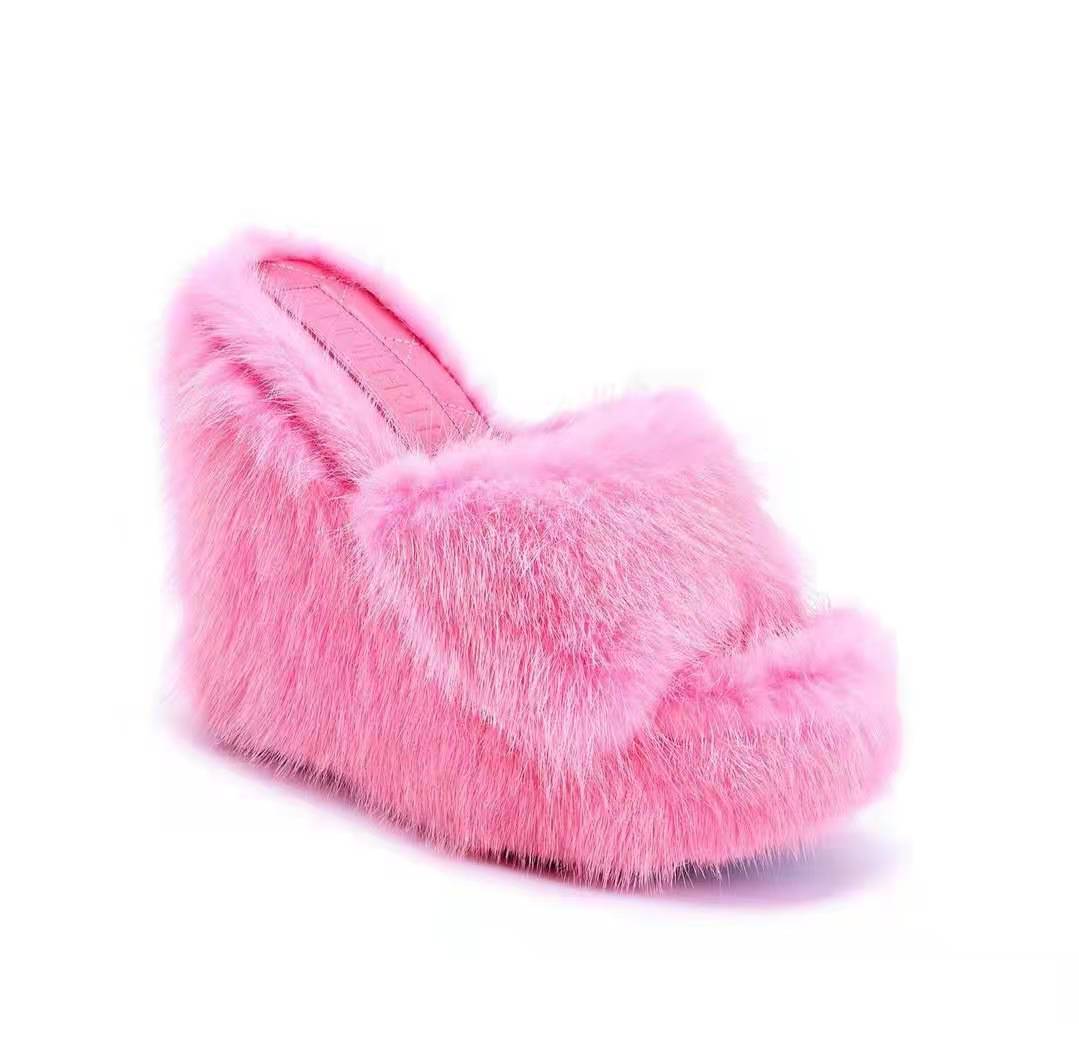 Mode Herbst Neu Pelzsandalen Flache Keilabsatzsandalen Damen Hochhackige Pelzige Pantoletten Mode Outdoor Allround-Schuhe Sandalias Mujer 42 rosa