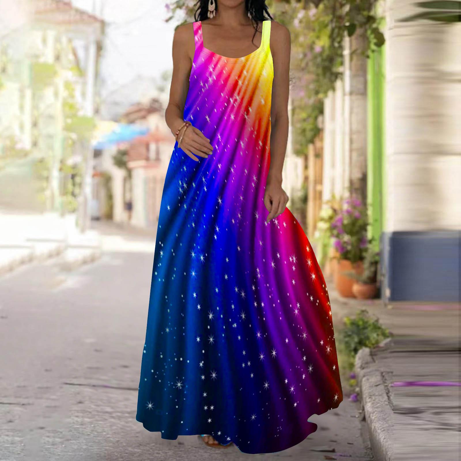 Damen Slip-Kleid Maxi Langes Kleid Sternenregenbogen-Print Kleid Frühling & Sommer V-Ausschnitt Freizeit Urlaub 5XL blau