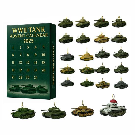 2025 WWII Panzer Adventskalender 24 Tage Weihnachts-Countdown-Kalender mit 24 ikonischen WWII Panzer Ornamenten Überraschungsgeschenke für Geschichtsinteressierte A
