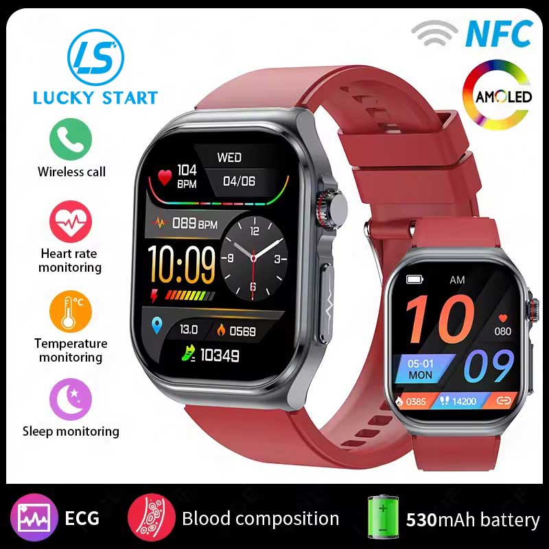 LUCKY START AMOLED Smartwatch ET585 Herren EKG Blutzusammensetzung Gesundheitsüberwachung Bluetooth Anruf Damen Sport Fitness Tracker Smartwatch silicon rot