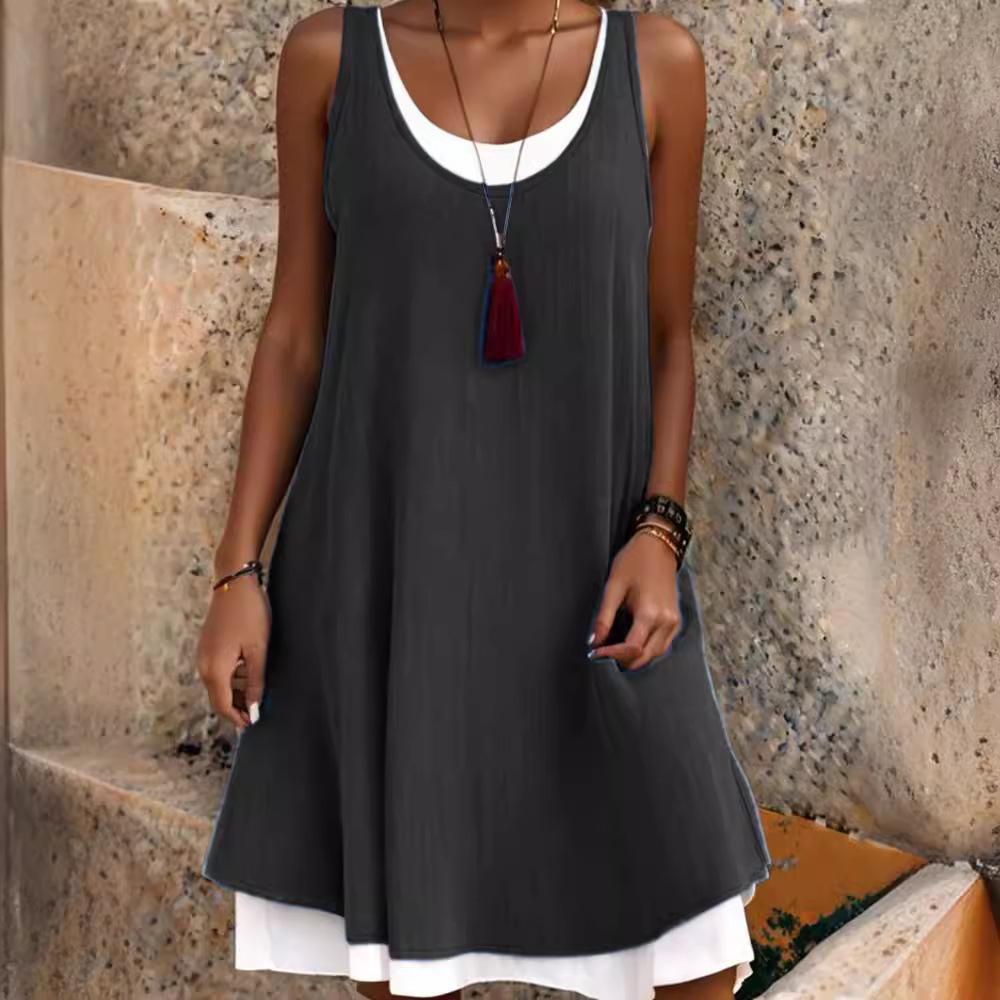 Sommer Damen Kleid Tasche Ärmellos Rundhals Damen Baumwolle Leinen Kleider S schwarz