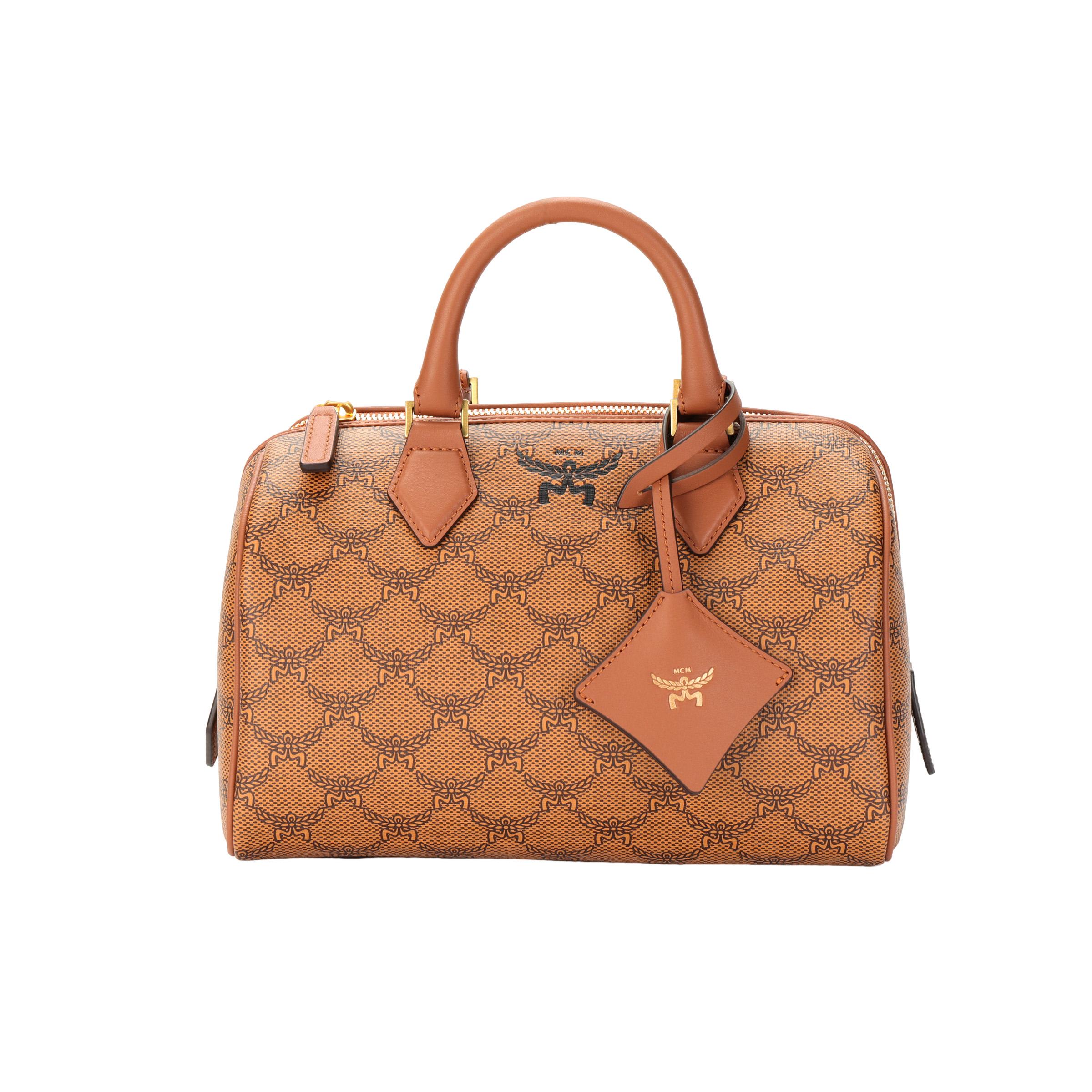 MCM Klassisches Monogramm Design Beschichtetes Canvas und Leder Boston Tasche Umhängetasche Schultertasche Tragetasche Kleine Damen Taschen Cognac MWBESEA08CO001 Basic Set (Bag+Dust Bag)