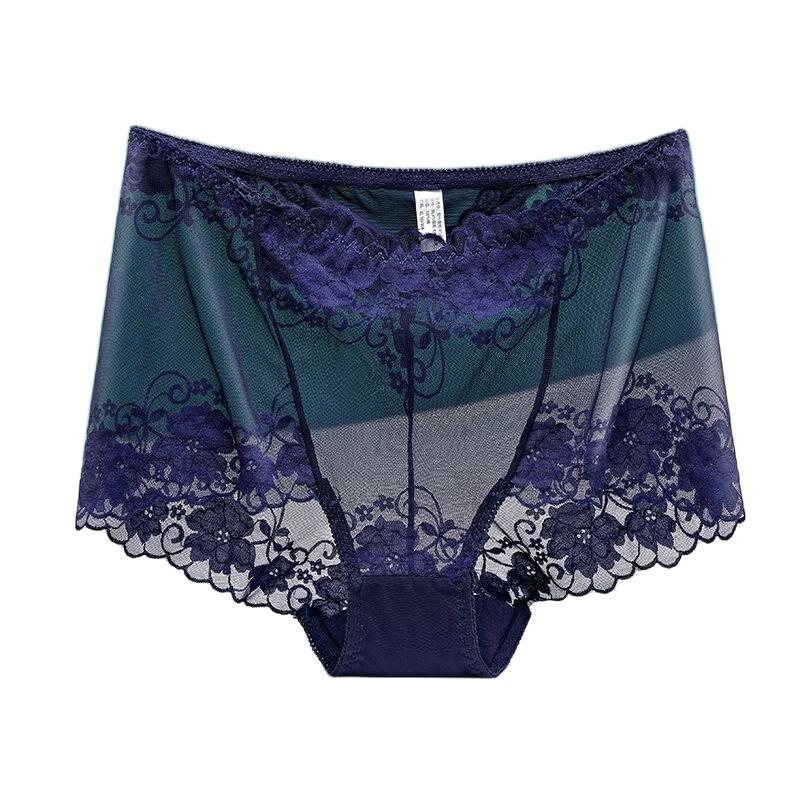 3XL Plus Größe Spitze Höschen Hohe Taille Frauen Hosen Sexy Hohl Blumen Dessous Weibliche Mesh Atmungsaktive Briefs Dessous 4XL XL blau