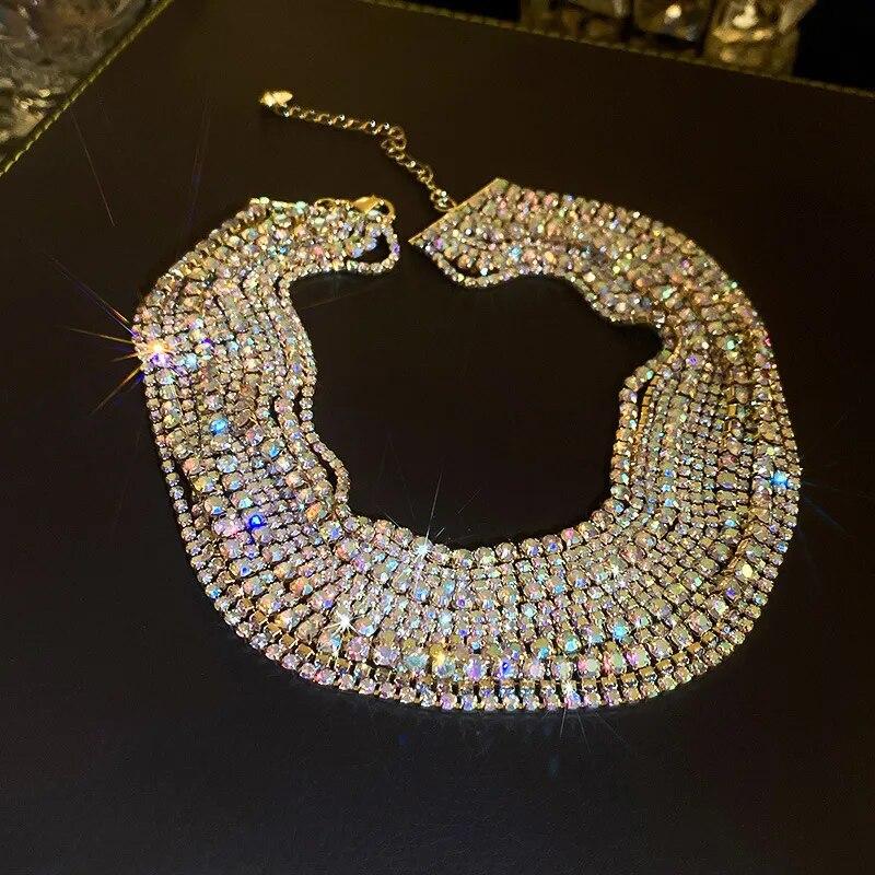 Mode Bunte Halsband Halskette Frauen Multilayer Gold Farbe Kette Strass Halskette Aussagen Schmuck gold