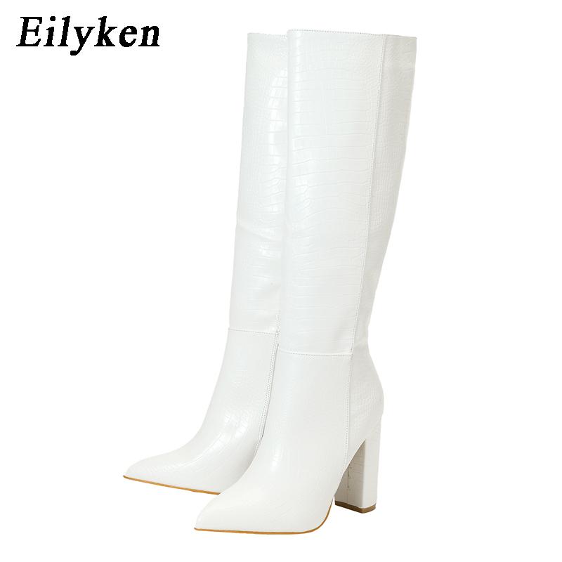 Eilyken Mode Frauen Kniehohe Stiefel Spitz Zipper Chunky High Heels Schuhe Herbst Winter Weibliche Lange Stiefel Schuhe Schuhe 40 weiß