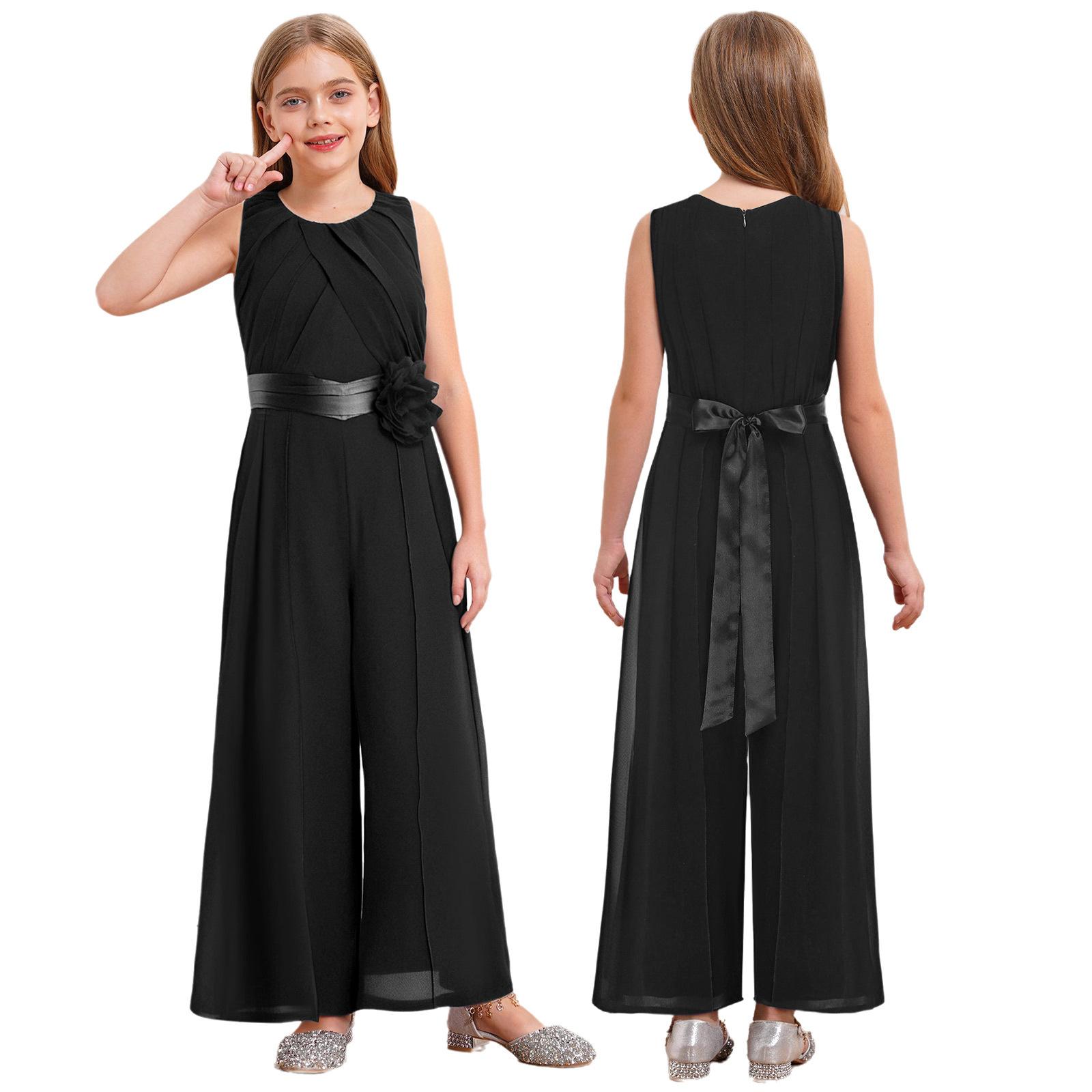 Kinder Mädchen Party Jumpsuit Einfarbige Runde Halslinie Ärmellos Hohe Taille Rüschen Chiffon Abnehmbare Blume Verziert Jumpsuit mit Gürtel für Hochzeit 15-16 Years schwarz