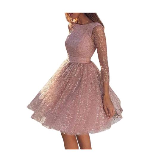 Glitzerndes Sternen-Tüll-Ballkleid für Damen Langärmlig Rundhalsausschnitt Formelles Abendkleid Mesh Cocktailparty Kurzes Kleid M rosa