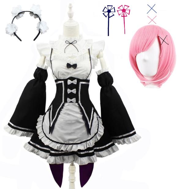 Anime Ram Rem Lolita Maid Cosplay Kostüme Vestido Re:Zero Kara Hajimeru Isekai Seikatsu Halloween-Kostüme für Damen, Loli-Kleid XXXL pink